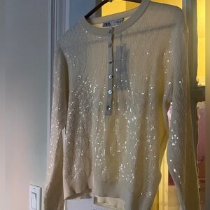 Stunning sequined cream Henley top Zara NWT large